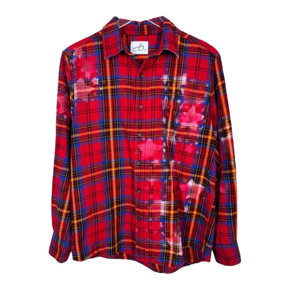 Empty Hanger Tops - Empty Hanger Star Bleached Plaid Flannel Shirt Medium Oversized Fall Holiday